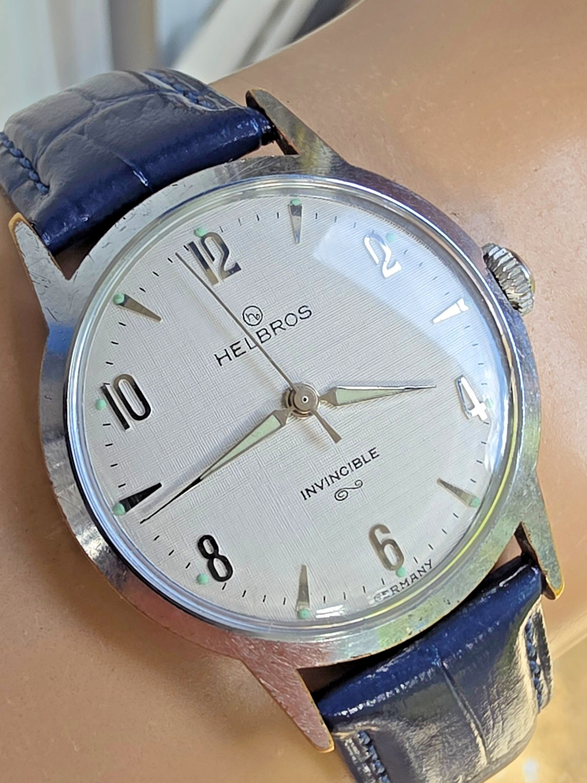 Vintage HELBROS men’s manual wind watch Linen dial PUW 61 Germany 1950s