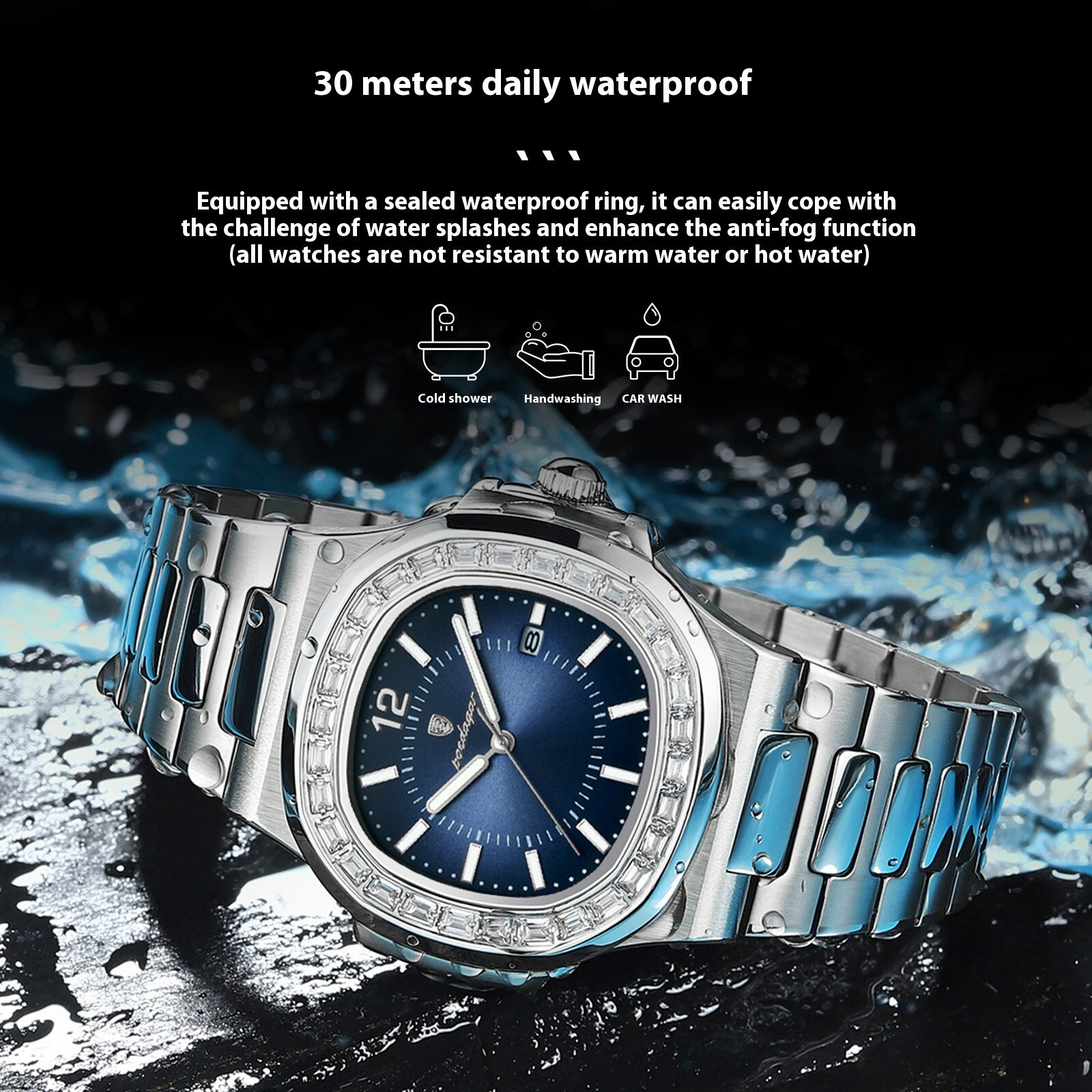 POEDAGAR Men Quartz Watch Diamond Bezel Stainless Steel Band Waterproof Date