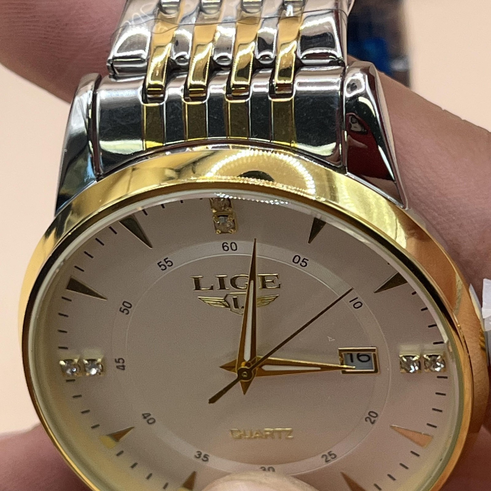 LIGE Watch Mens Quartz Date Two-Tone Stainless Steel White Dial Dress LGB9144-C