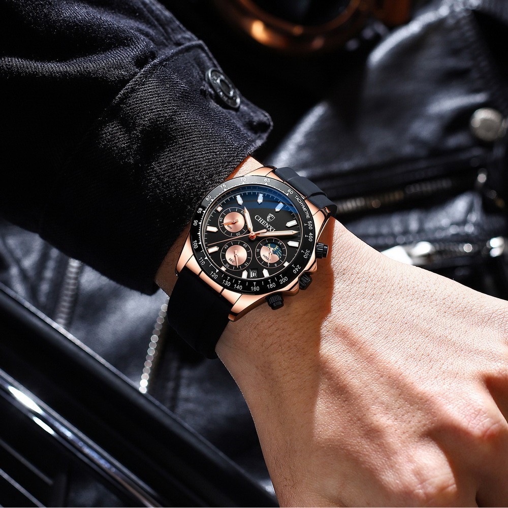 CHENXI Men’s Rose Luminous Calendar Chronograph Moon Phase Business Quartz Watch