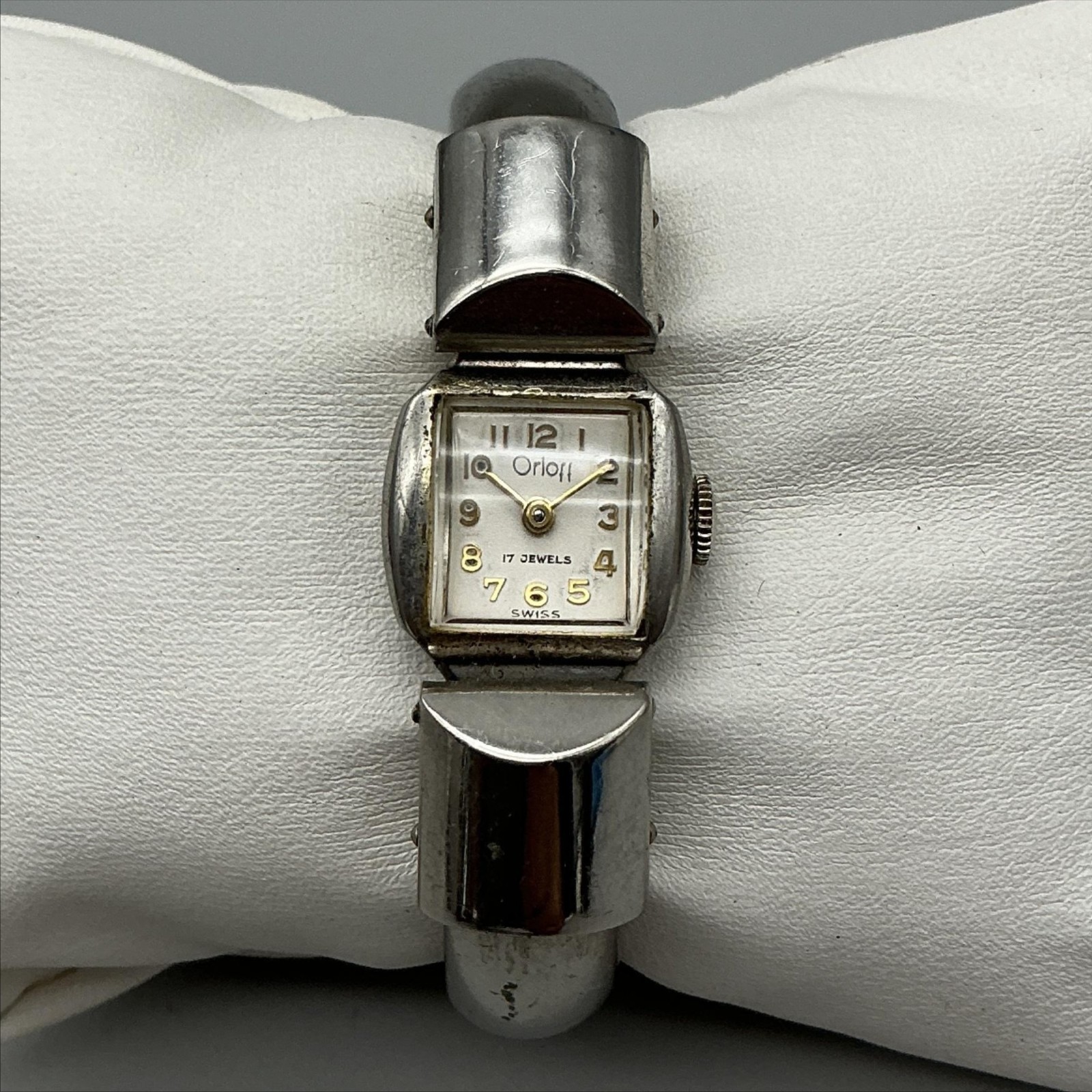 Vintage Orloff Women Watch 16mm White Dial Silver Tone Open Bangle Manual Swiss