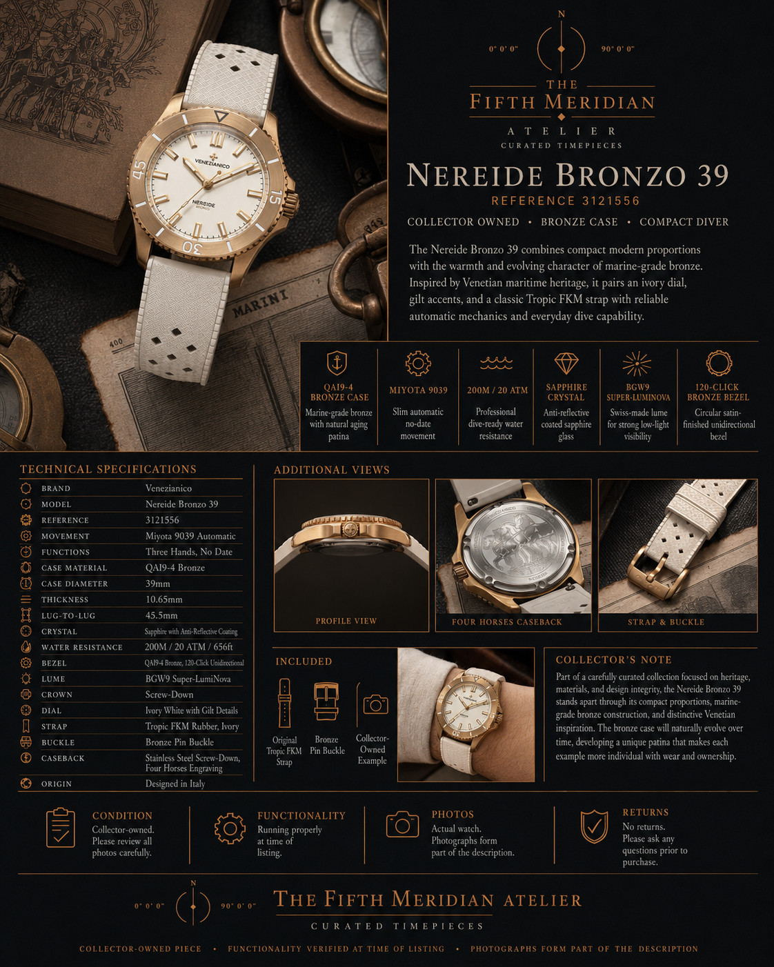 Venezianico Nereide Bronzo 39 3121556 Bronze Automatic Miyota 9039 Mint
