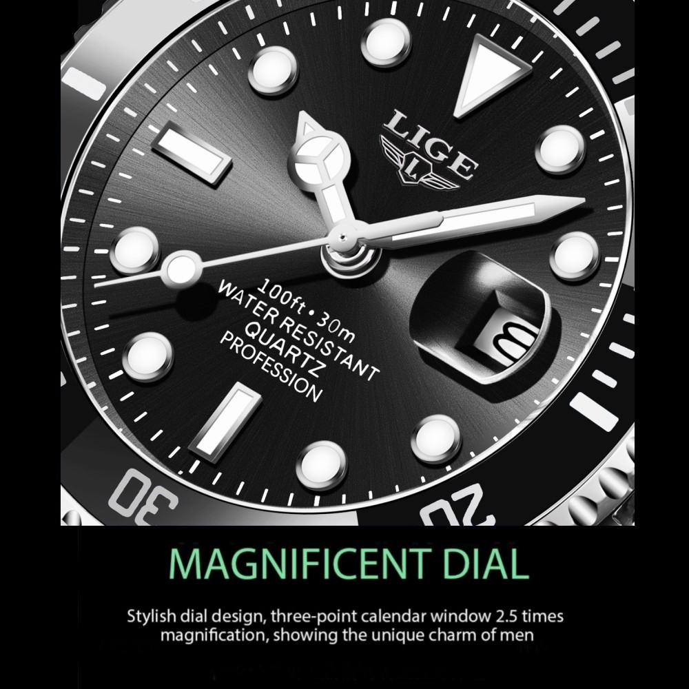 Men Watch Quartz Date Stainless Steel Luminous 3ATM Waterproof Wristwatch Boxed