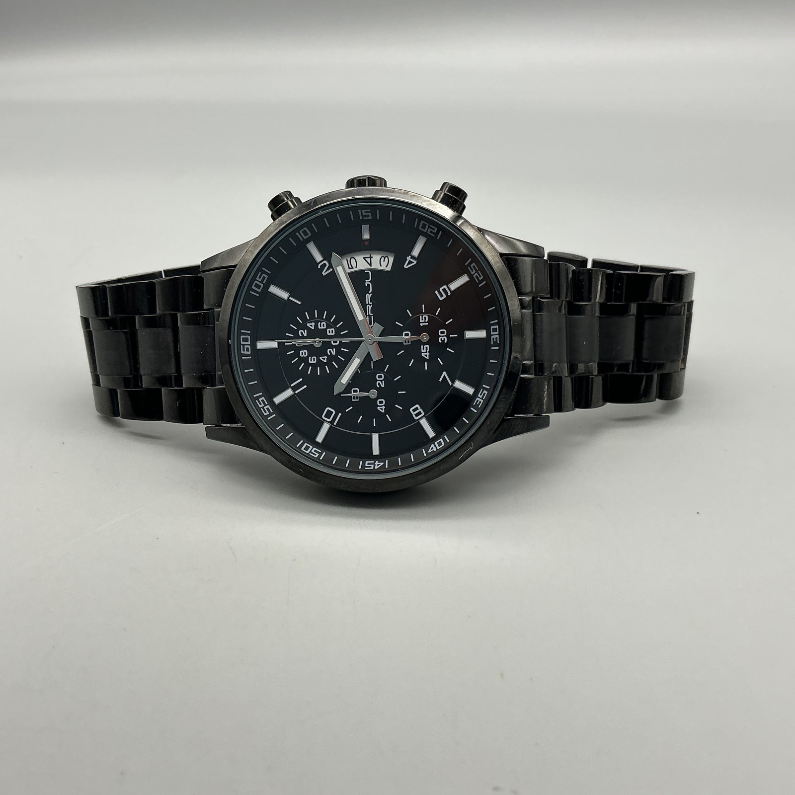 CRRJU Mens Watch 42mm Black Dial Black Stainless Chronograph Date 2214 8.25″