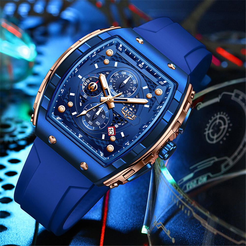 LIGE Men Quartz Watch Rectangle Wristwatch Chronograph Males Date Sport Watches