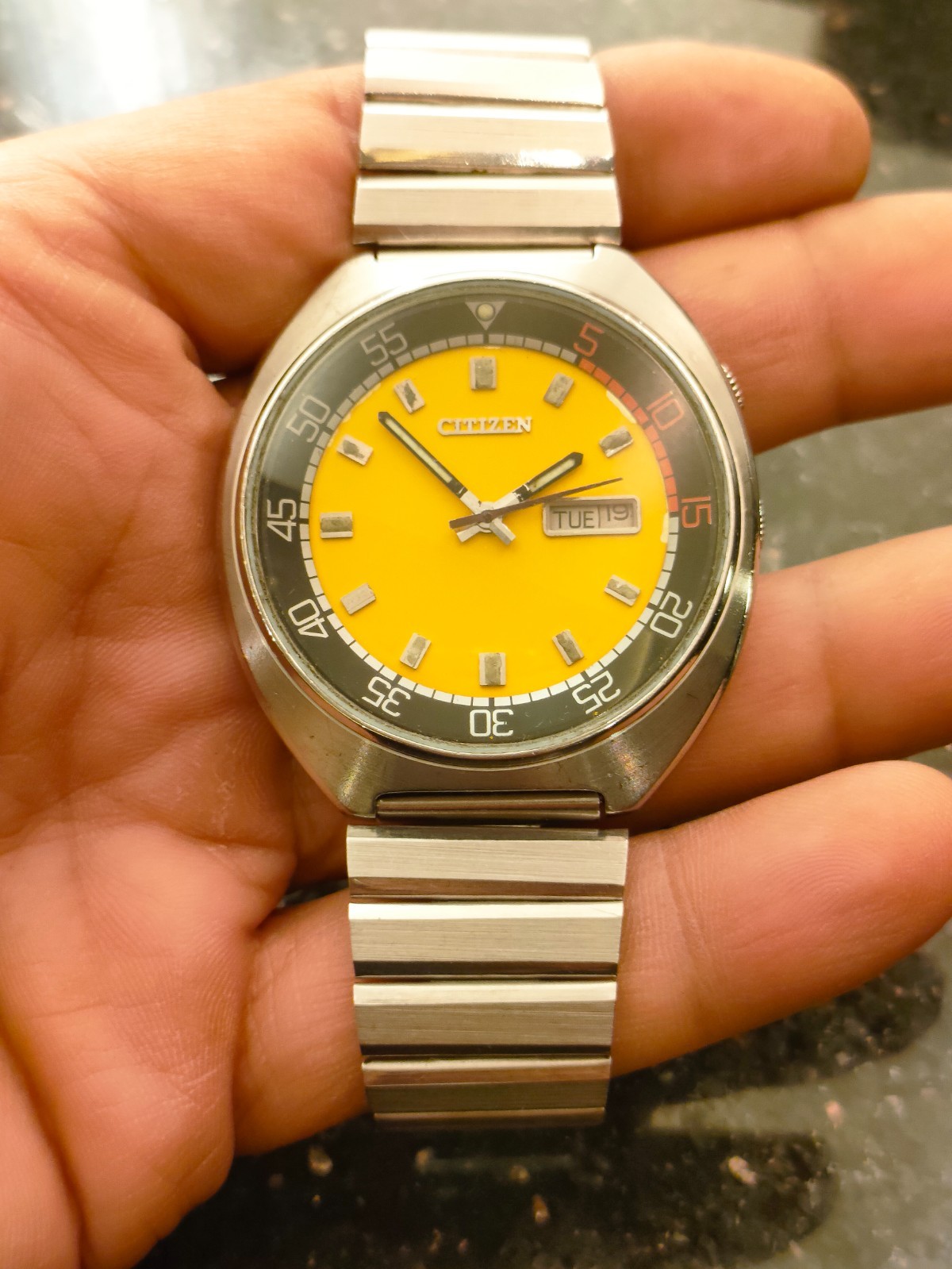 1978 Vintage Yellow Dial Automatic Citizen Bullhead Challenge Timer Day& Date