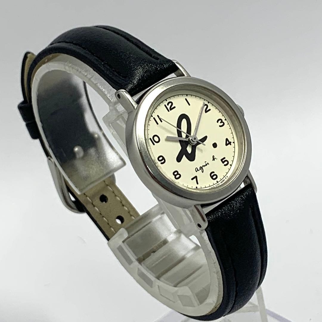 Agnes b. Quartz Analog Watch Black Leather Band Ivory Dial V701-6850