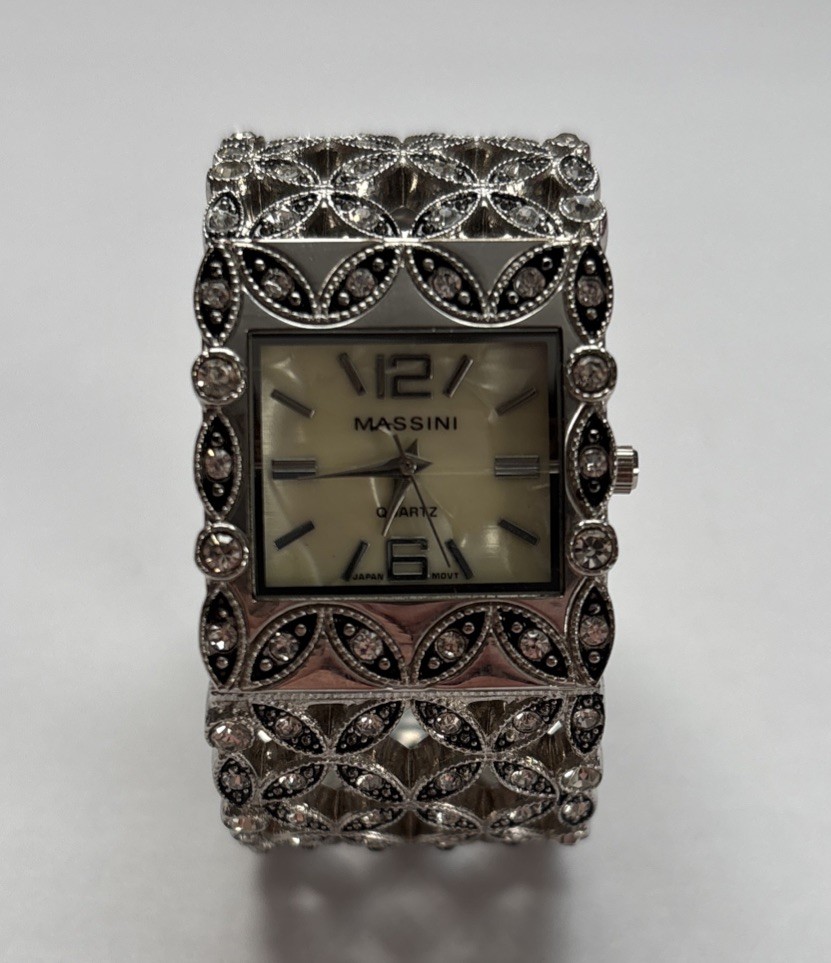 Massini Watch Women 29mm MOP Silver Tone Crystals Open Cuff Hinged Band