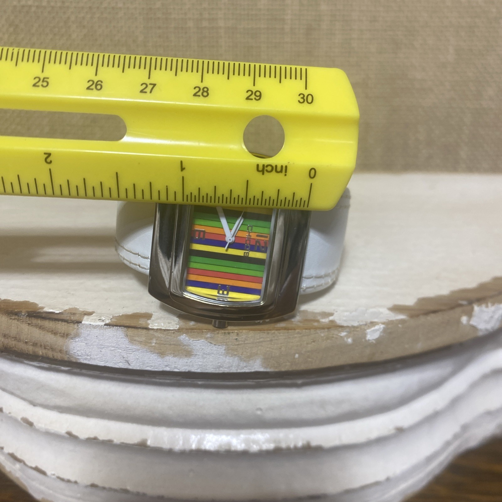 Chico’s Cuff Watch White Band Multicolor Striped Face, Rainbow Face