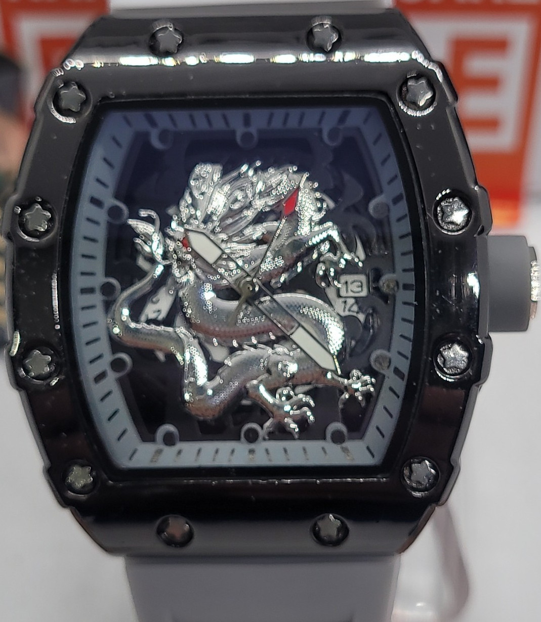 448 AJ Quartz Tonneau Analog Watch Black/Silver Dial Black Case White Rubber Dat