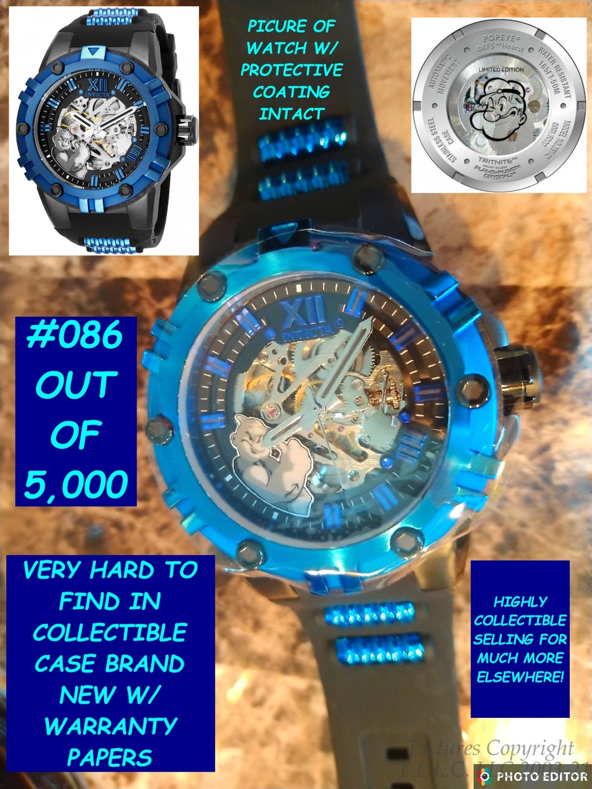 NEW/NWT LIMITED EDITION #086/5000 5ATM AUTOMATIC POPEYE 25142 INVICTA WATCH