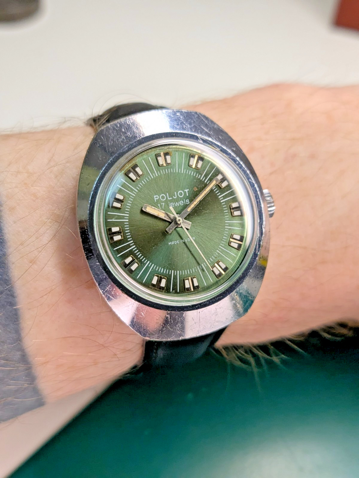 Vintage Watch Poljot 1 MChZ Green Dial Soviet USSR Men Mechanical 1970s 2609H