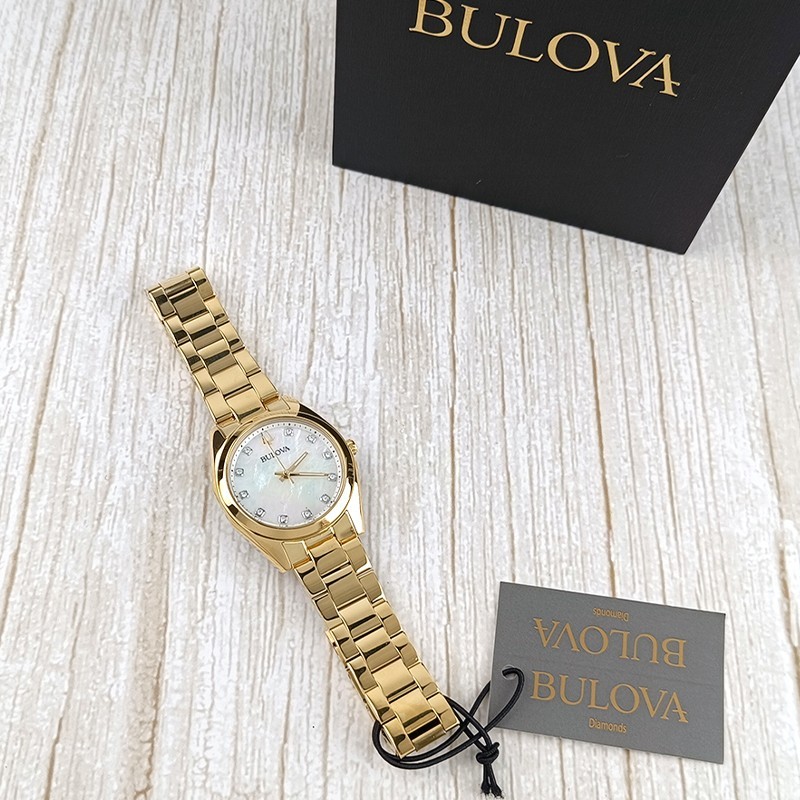 Bulova Surveyor 97P172 Gold/White Dial Women Quartz Diamonds Watch 31mm