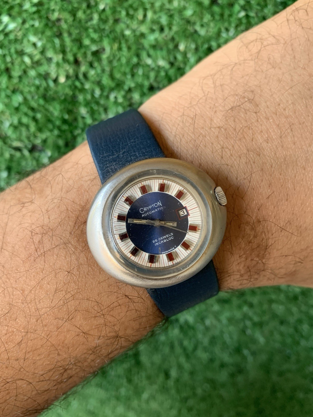 Crypton Automatic Mechanical Watch 25 Jewels Date Blue 37mm 1970s Vintage Red