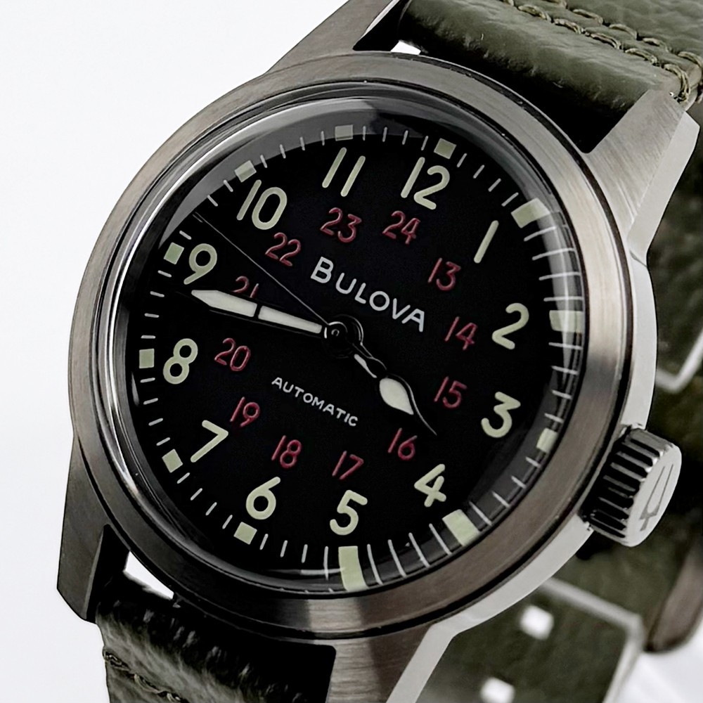 Bulova Men’s Hack Automatic Black Dial Green Leather Strap Watch 98A255