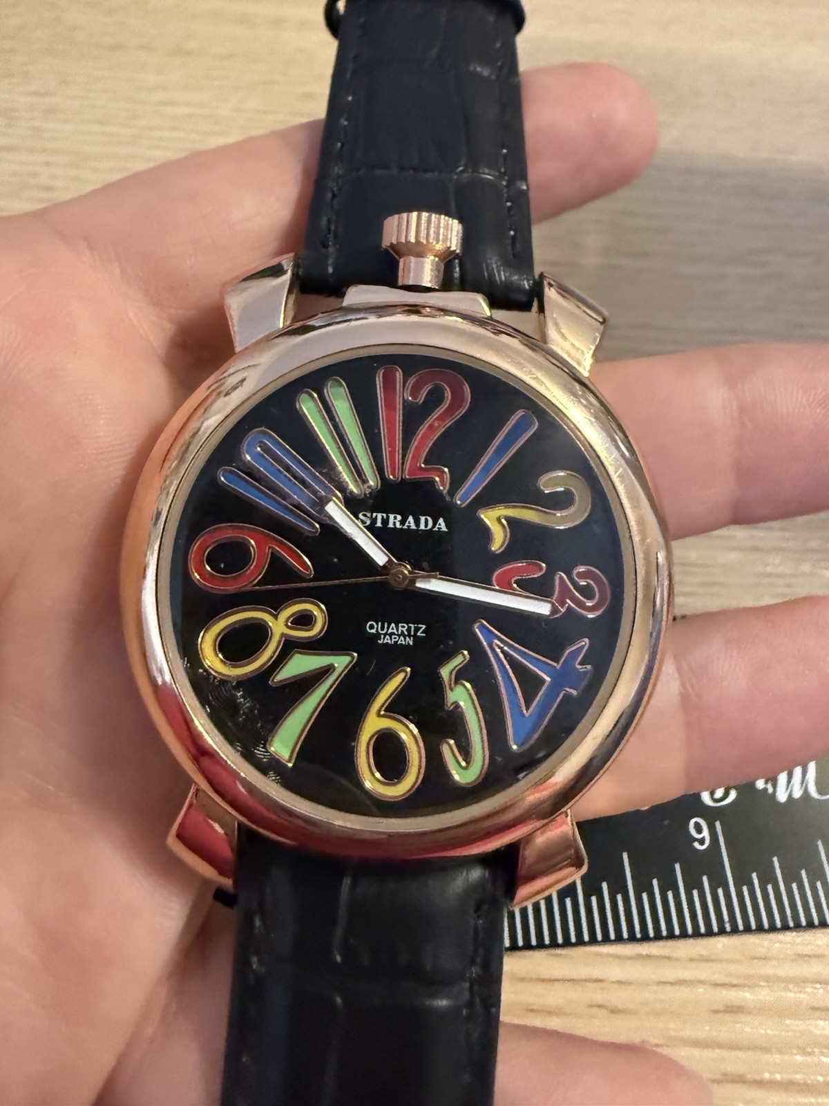 Strada Genuine Leather Black Watch With Multicolor Numbers Vintage