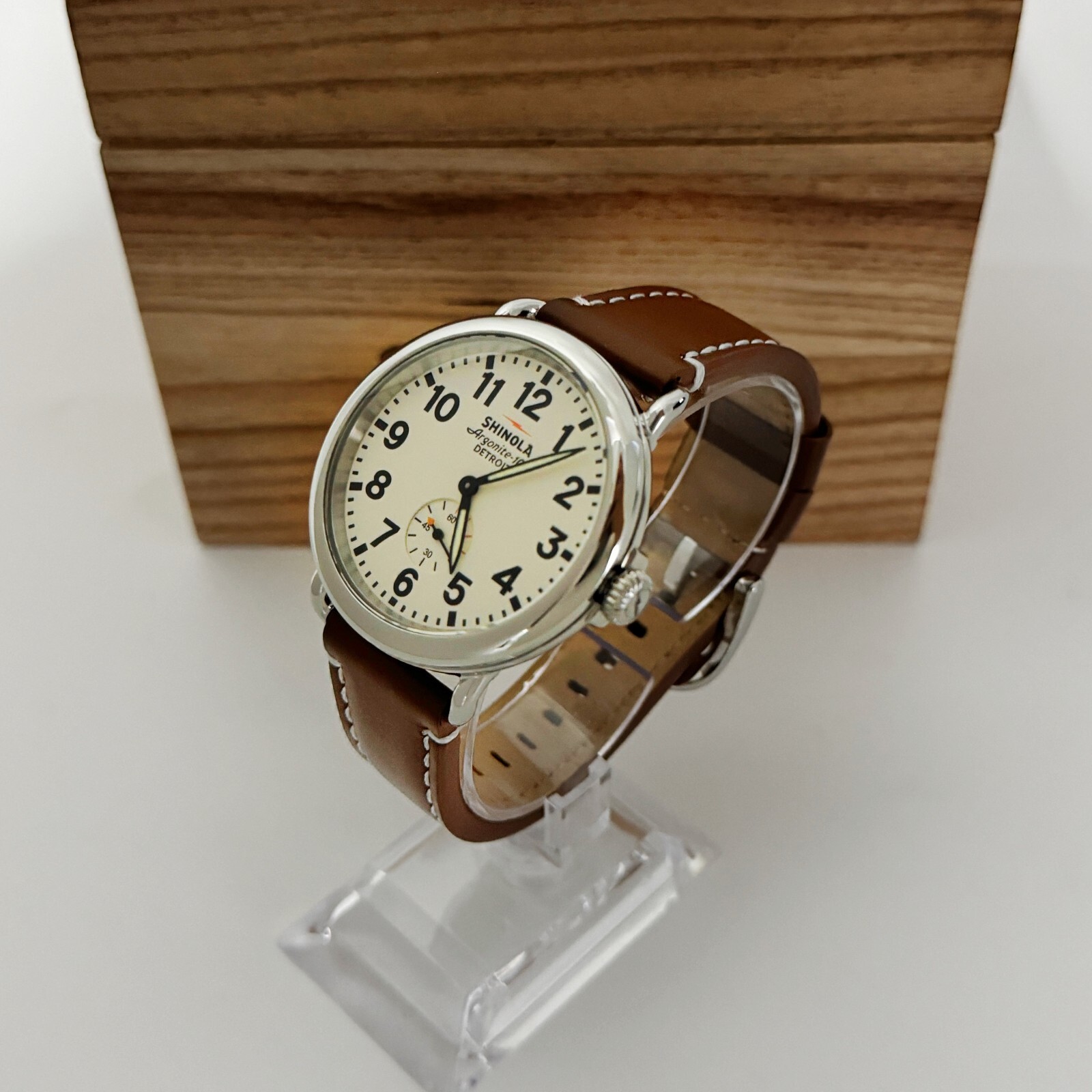 Shinola The Runwell Cream Dial Tan Leather Strap Chronograph Quartz Watchs 41mm