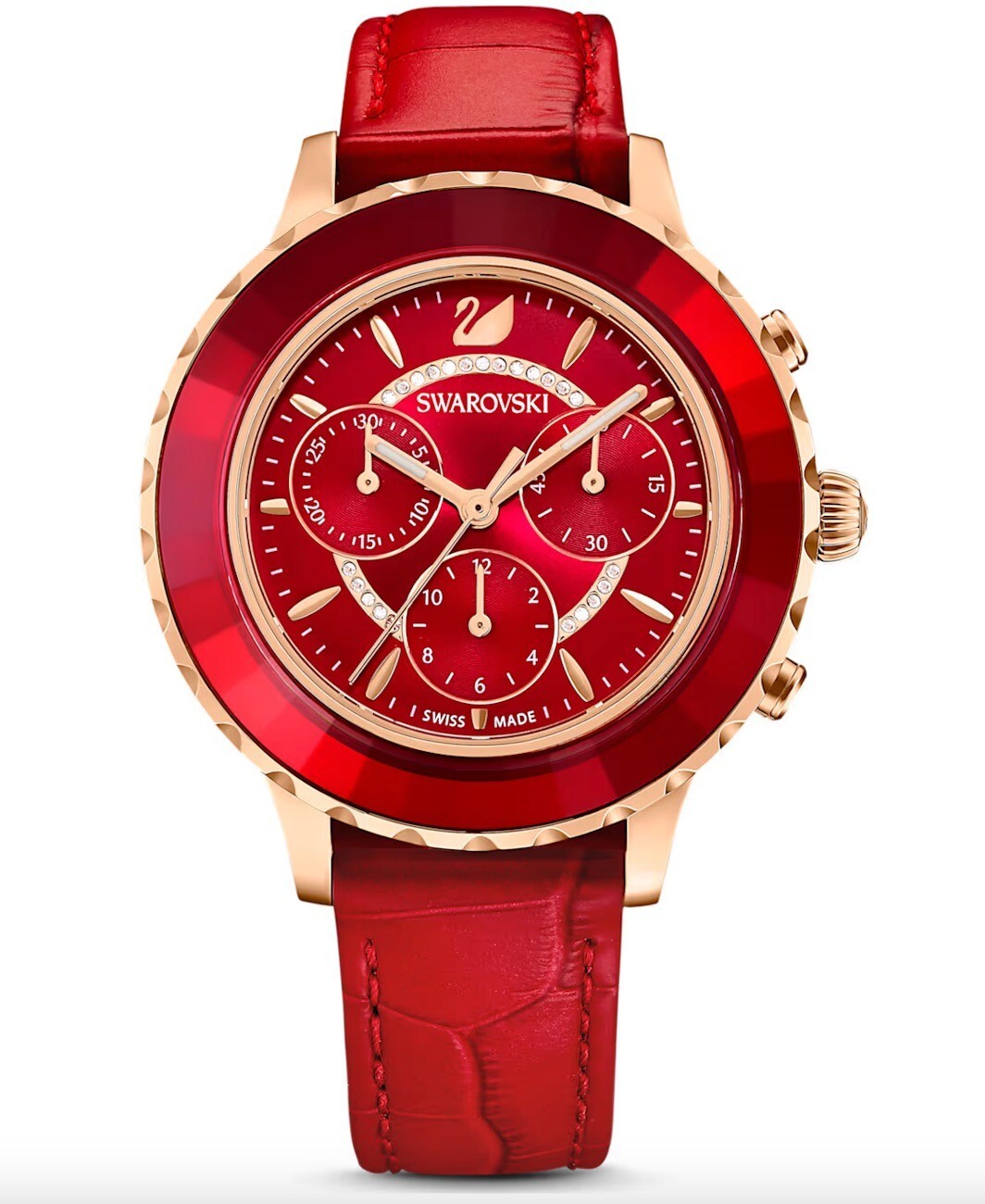 Swarovski Octea Lux Chrono,  Red Leather Rose Gold Tone Women’s Watch 5646975
