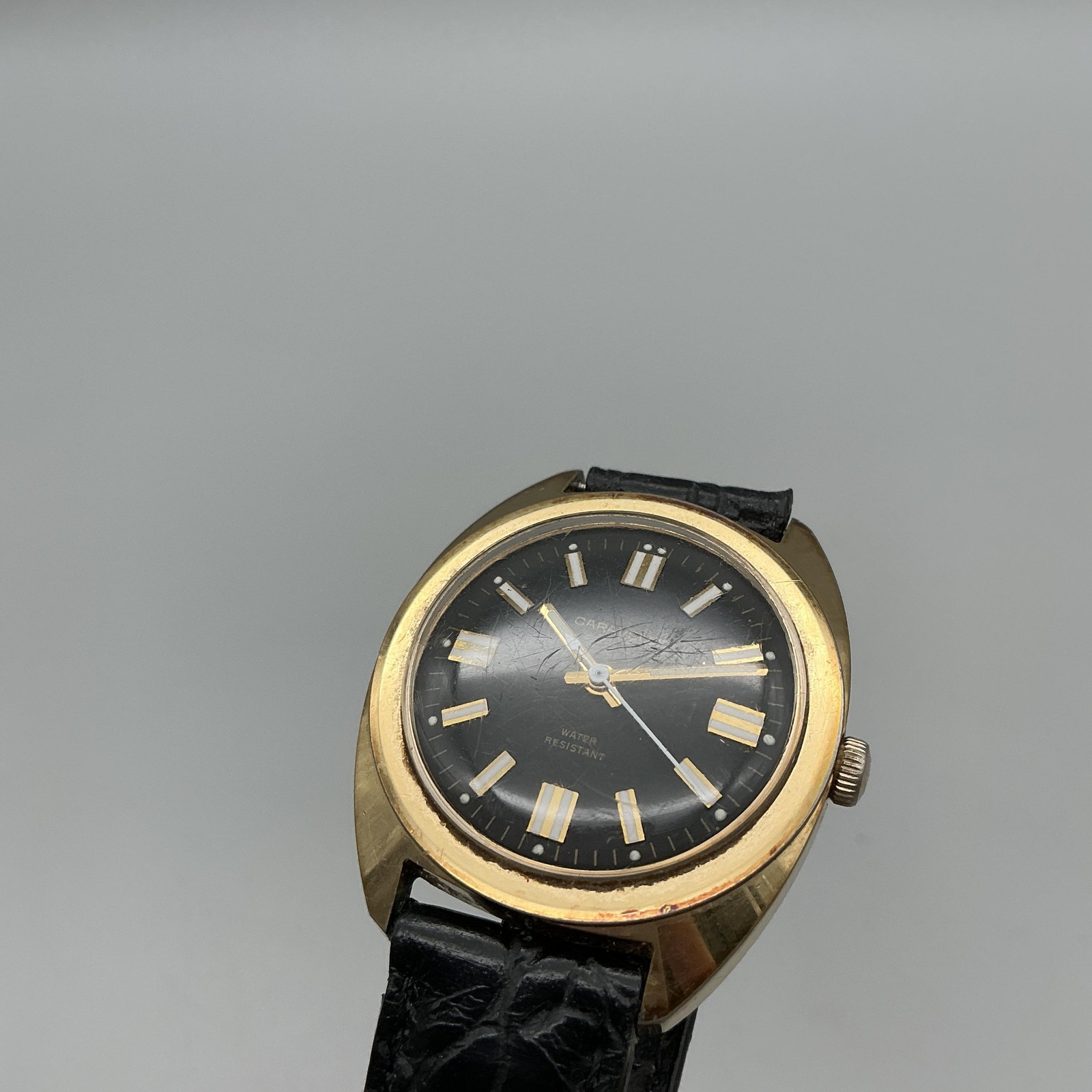 Vintage Caravelle Mens Watch 33mm Black Dial Gold Tone Case Manual Leather Strap