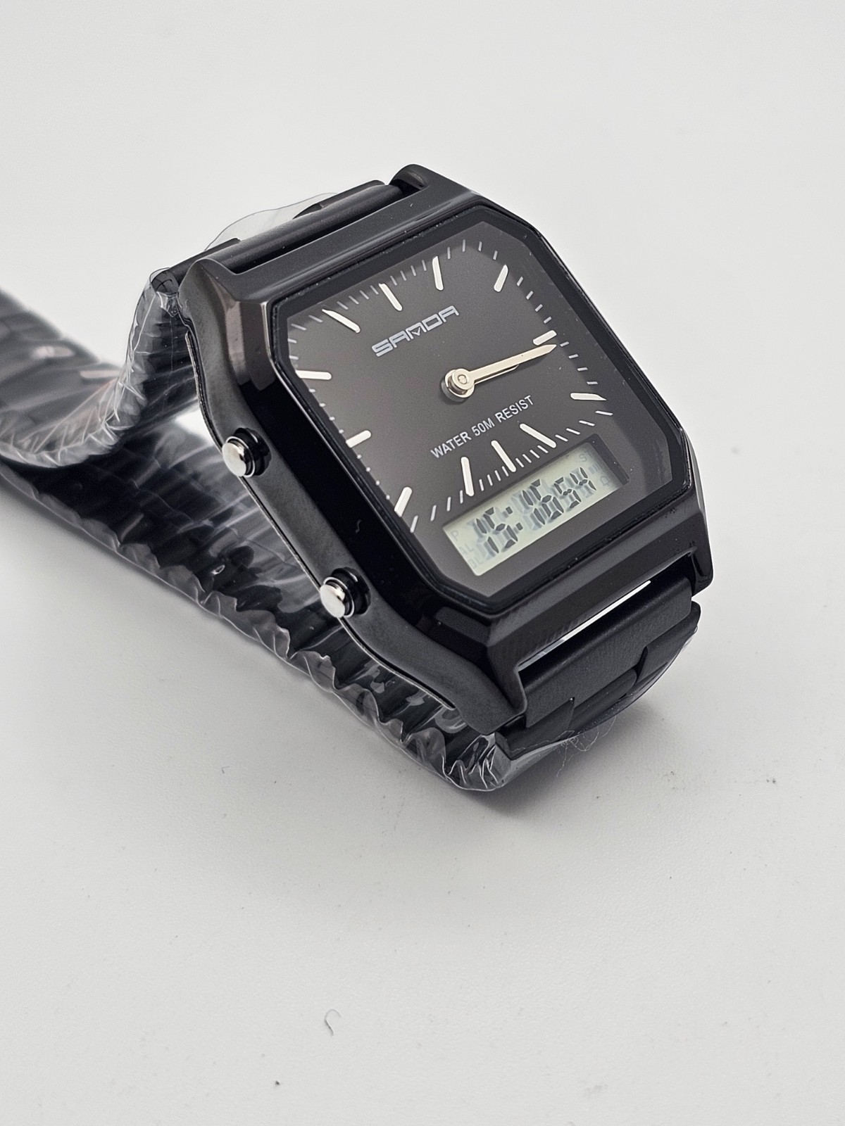 SANDA Classic Gloss Black Analog/Digital Green Backlight WR50M Men Stainless🔥👀