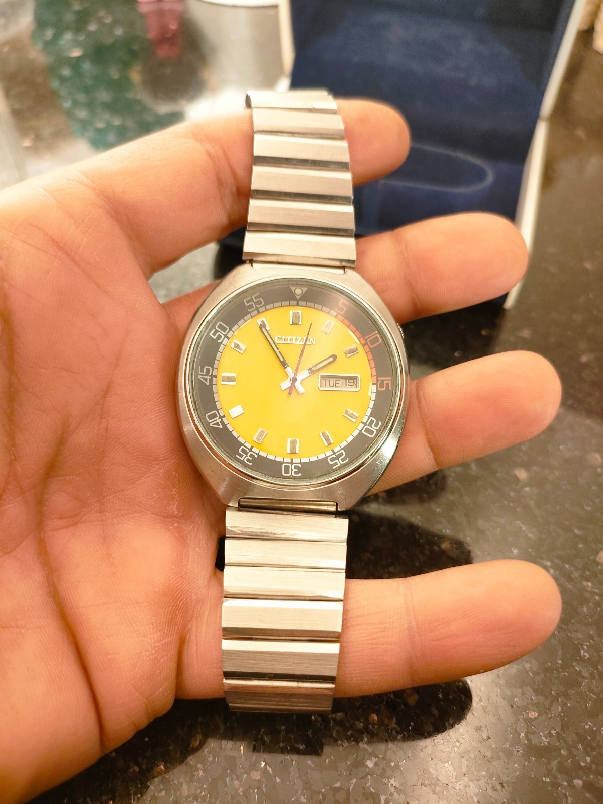 1978 Vintage Yellow Dial Automatic Citizen Bullhead Challenge Timer Day& Date