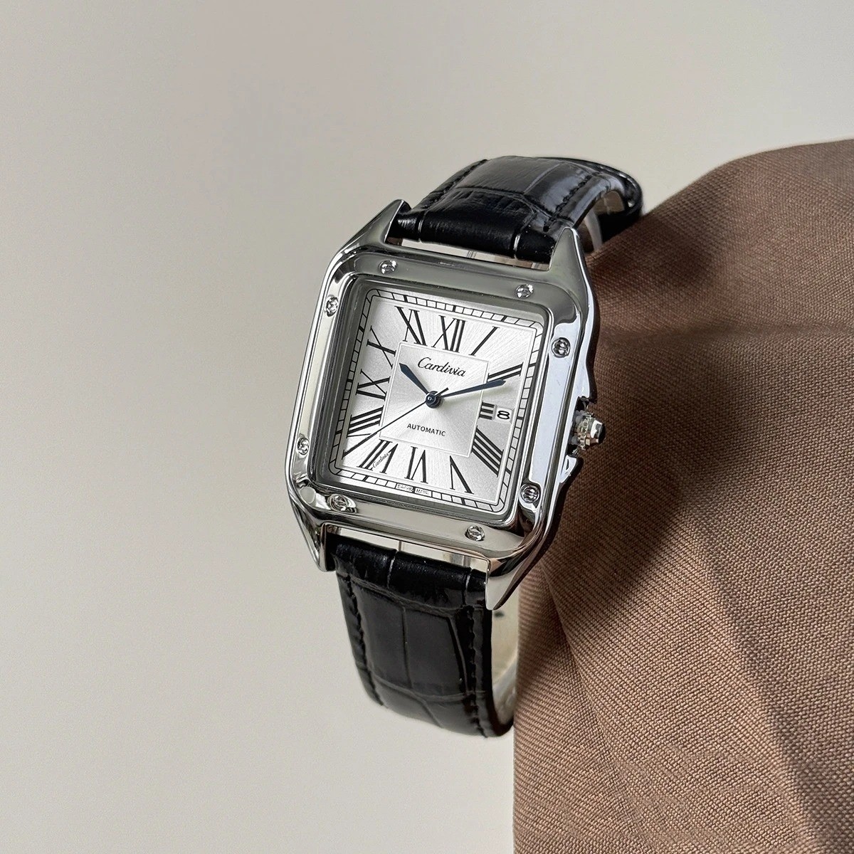 Men’s Square Roman Numeral Quartz Watch, Luxury Stainless Steel Case, Black Leat