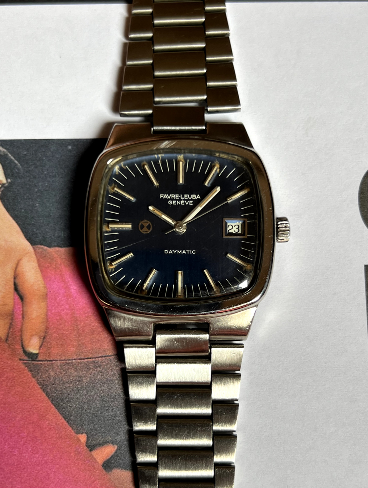 Vintage Favre leuba daymatic TV shape integrated bracelet automatic mens watch
