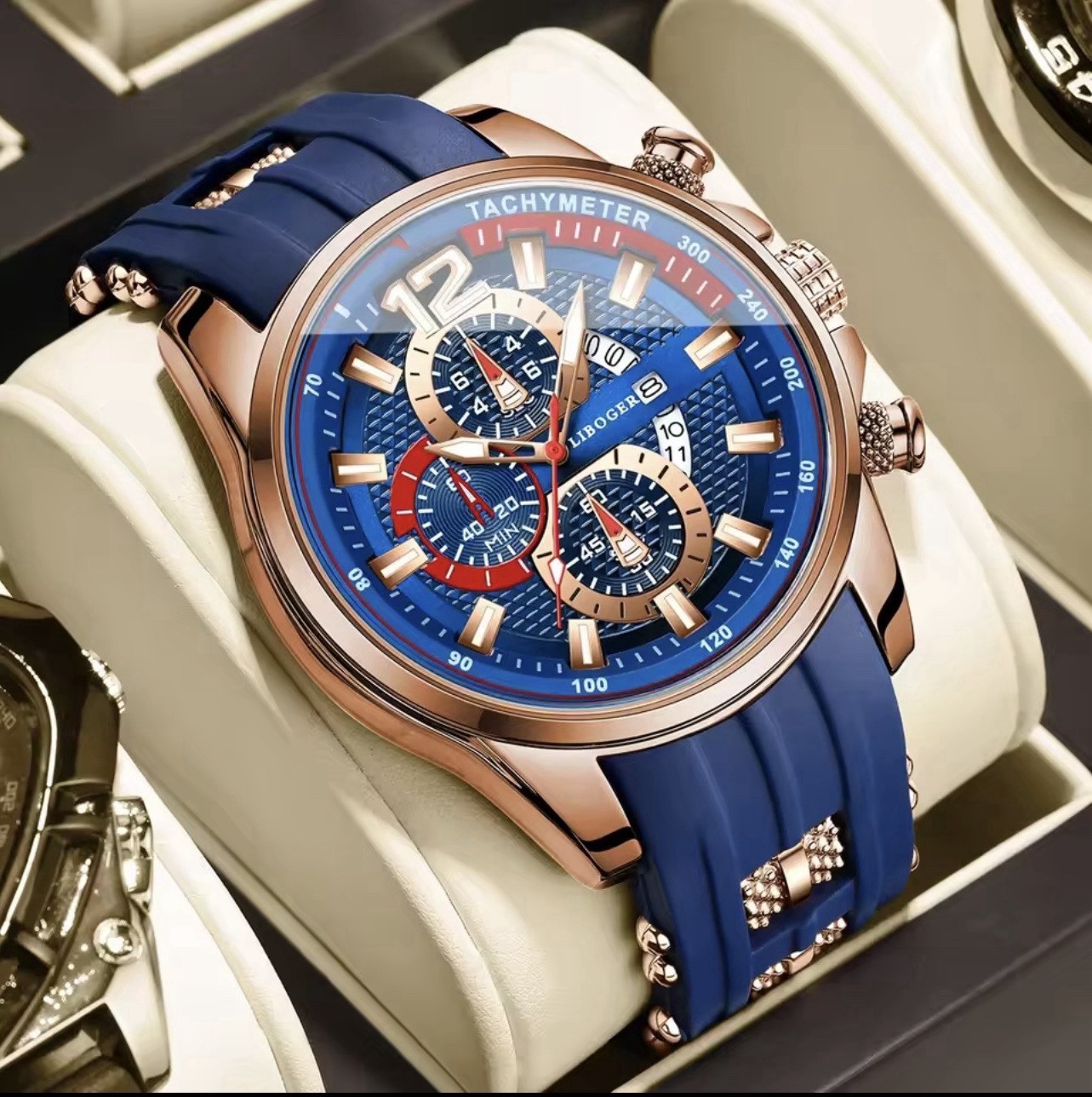LIBOGER Men’s Chronograph Quartz Watch Tachymeter 47mm Blue Dial Silicone