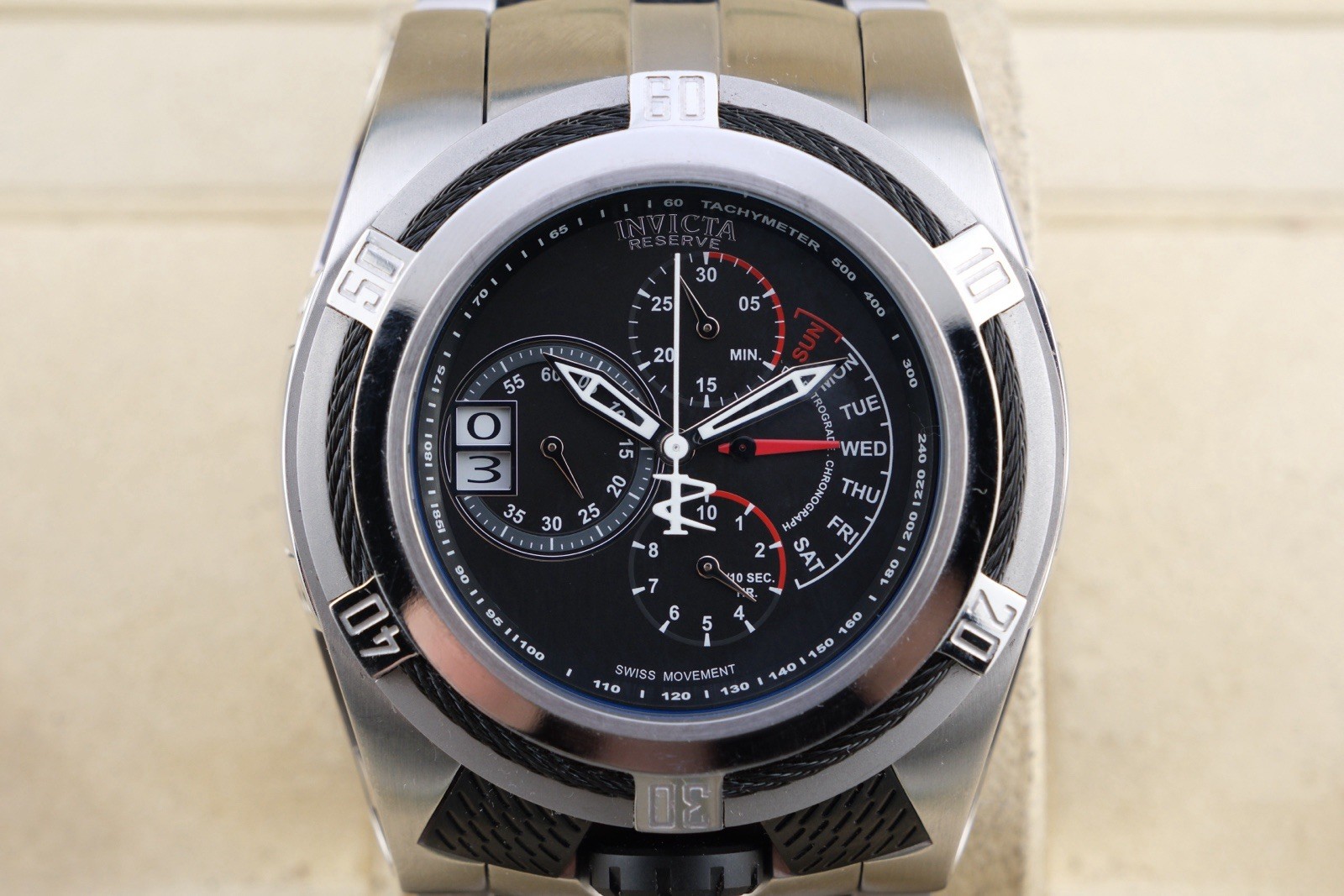INVICTA 16955 Swiss Quartz Reserve 52mm SS Bolt Zeus Tria Watch Working 8.4”