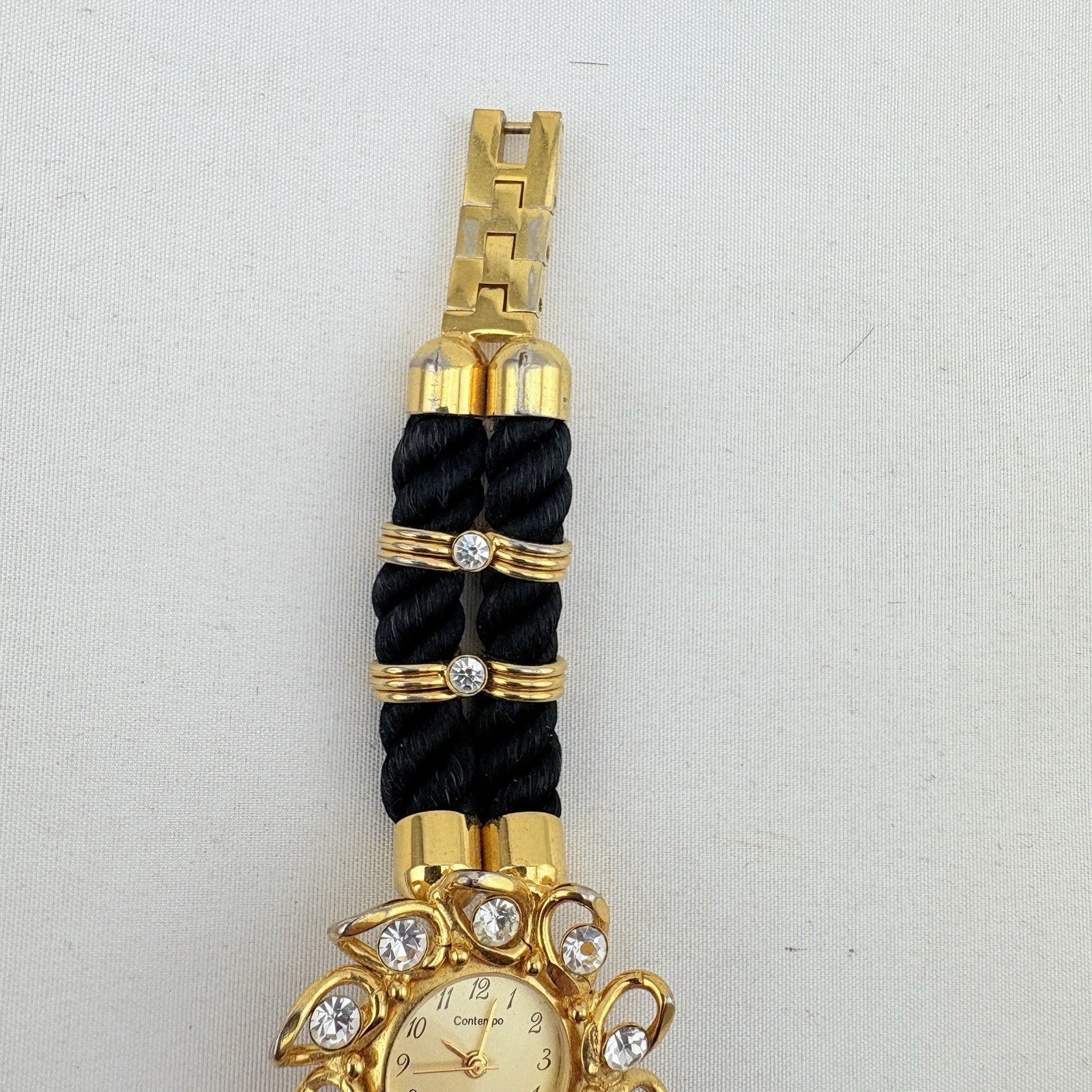 Women Contempo Quartz Watch Black Cord Bracelet Band Gold Case Clear Cz Stones