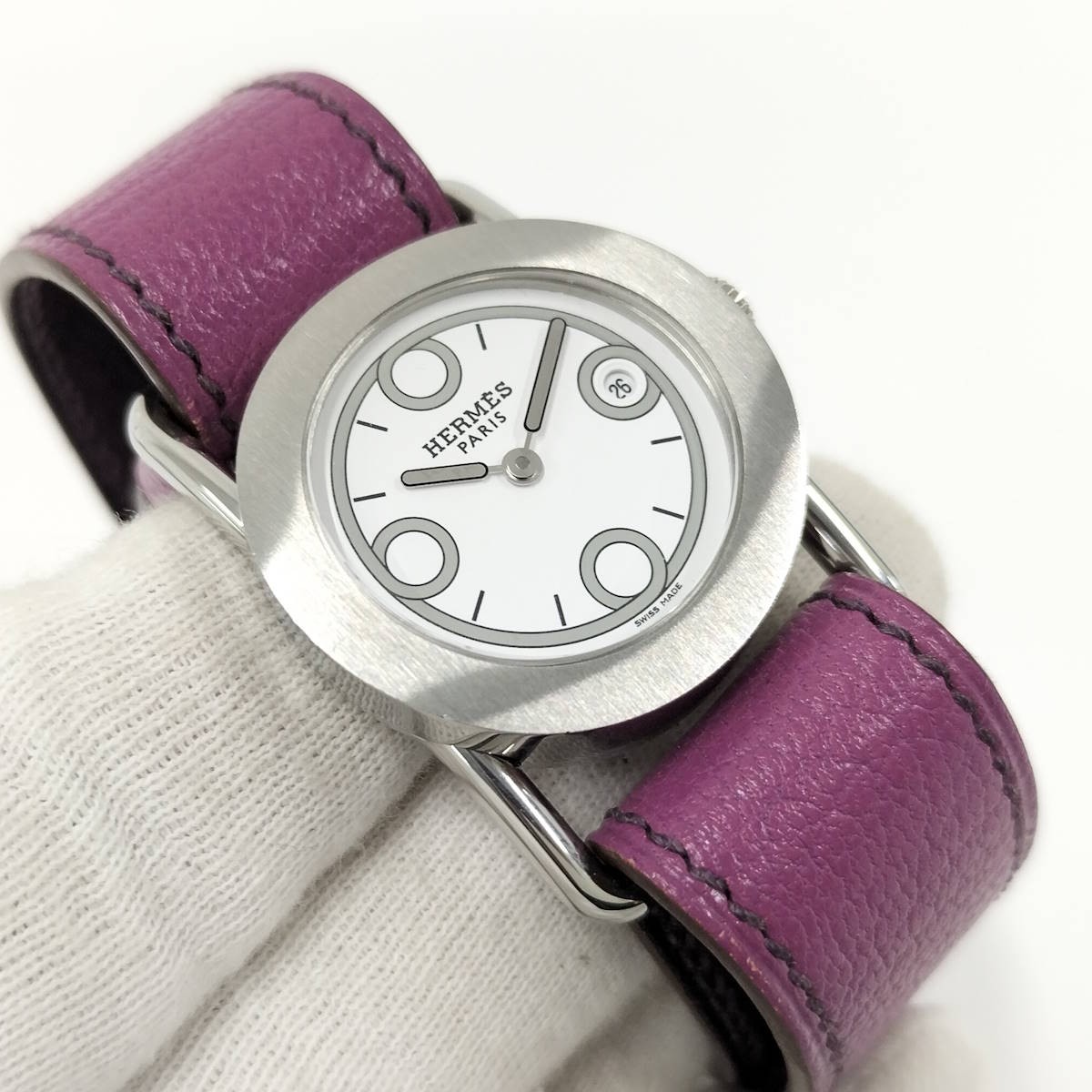[B1R] Hermes Valenica Watch Ladies Leather Purple Strap White Dial [x8s]