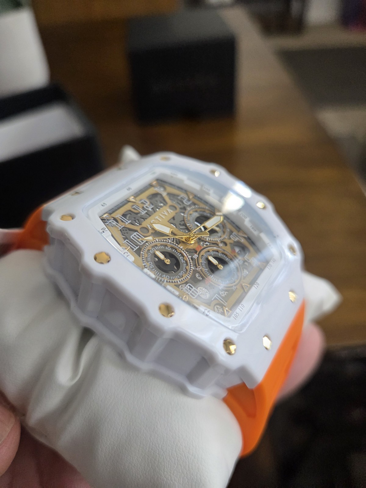 activa chronograph quartz sports watch gold/black dial orange rubber 50m