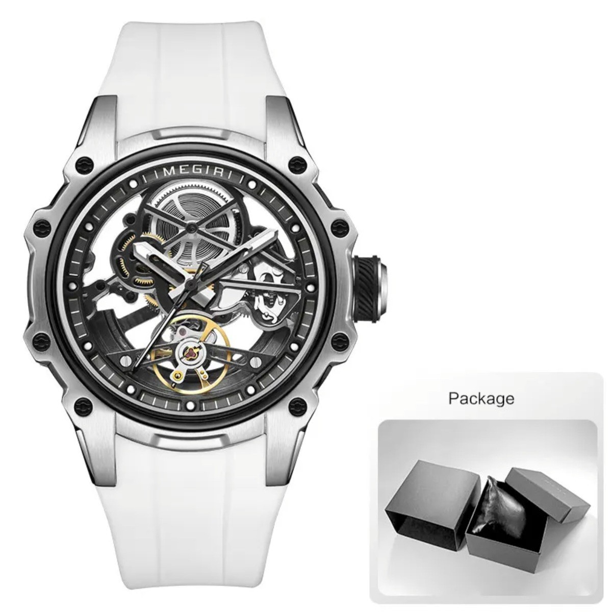 Men’s Skeleton Automatic Sport Watch White Rubber Strap Tourbillon…