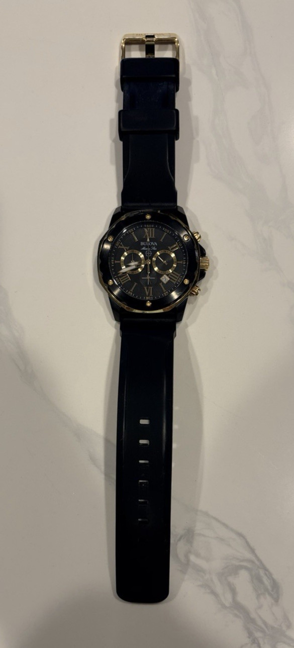 Bulova Marine Star Quartz Chronograph Date 100m Black/Gold Dial 44mm