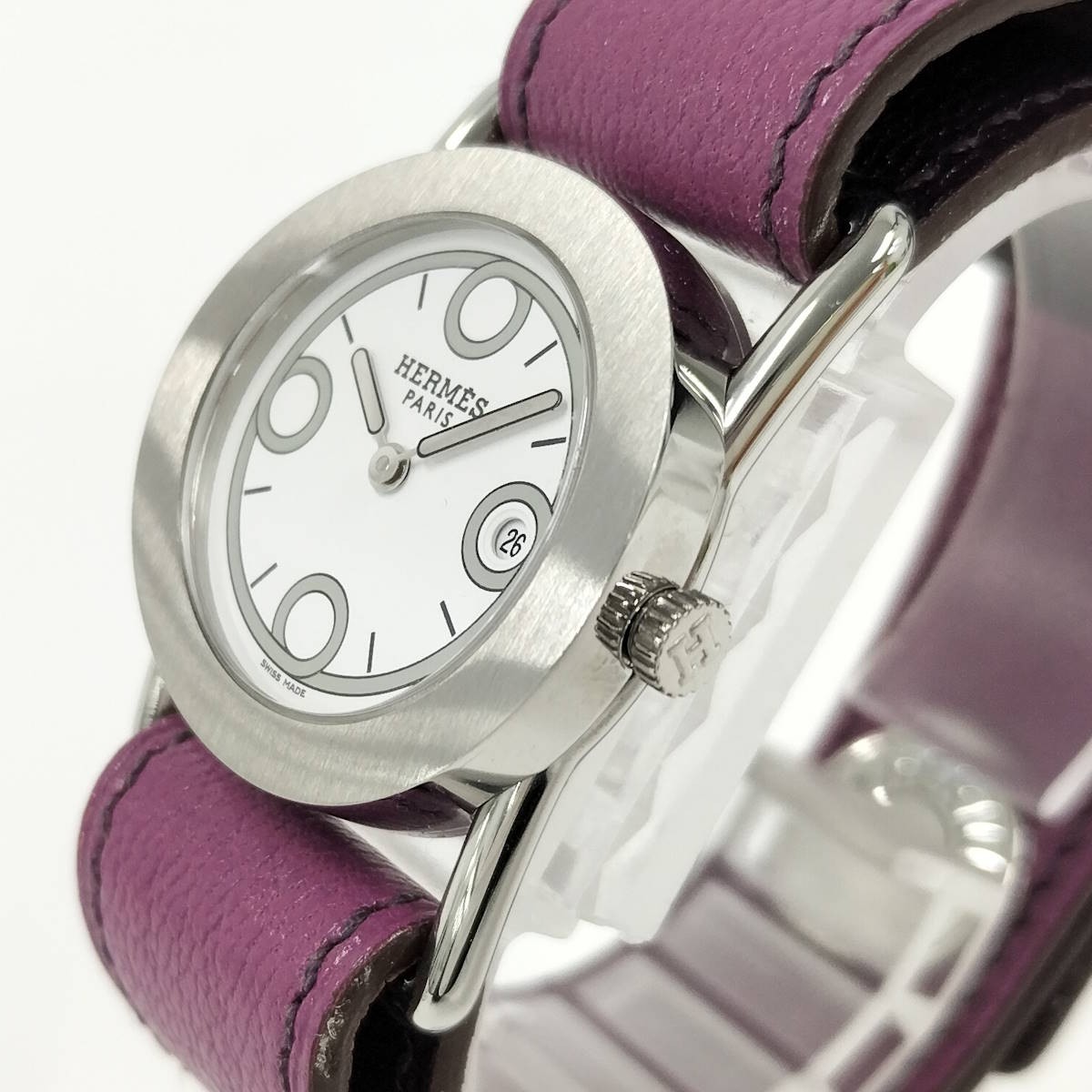 [B1R] Hermes Valenica Watch Ladies Leather Purple Strap White Dial [x8s]