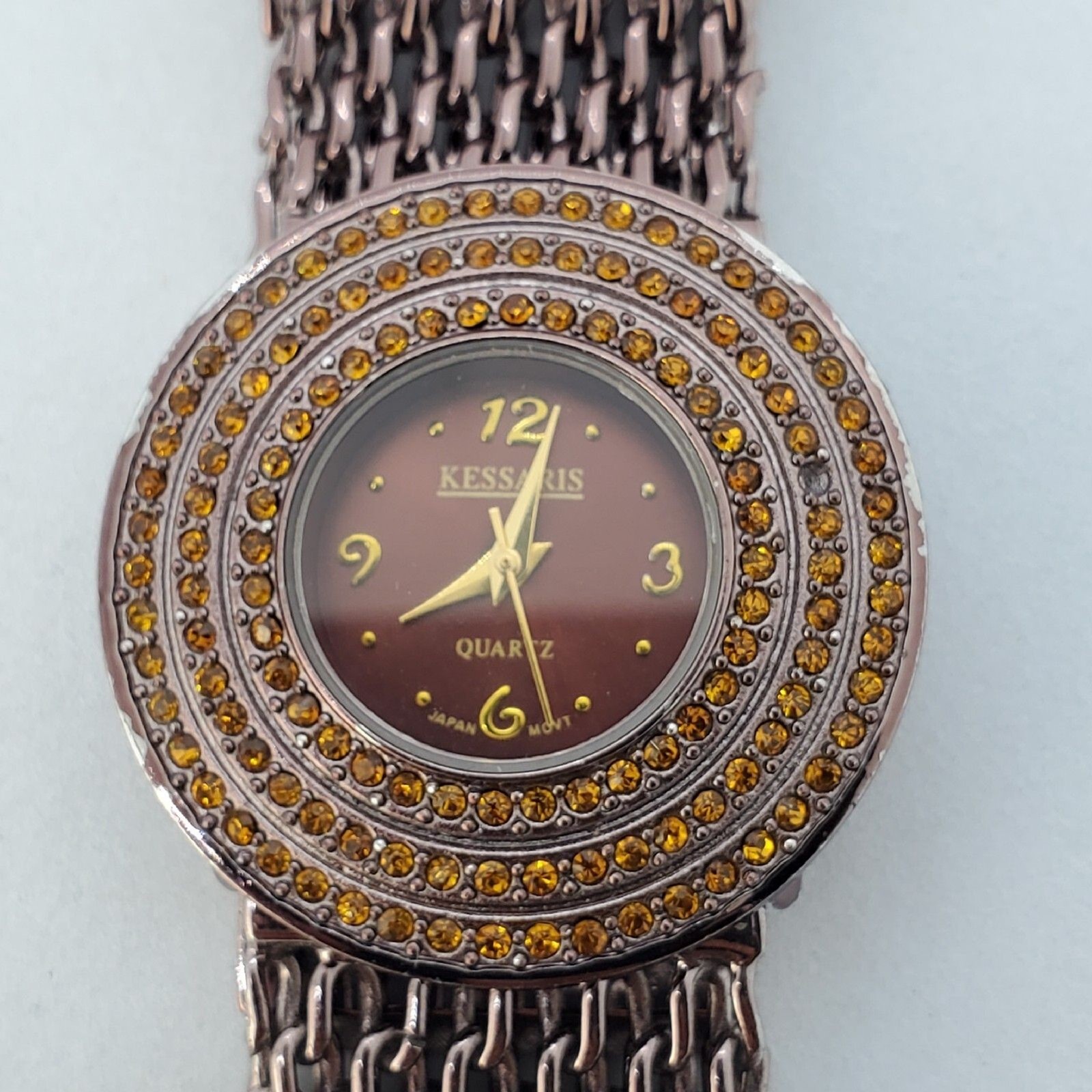 Kessaris Dark Brown Dial Mesh Bands 34MM Round Case 7″ Wrist New Battery