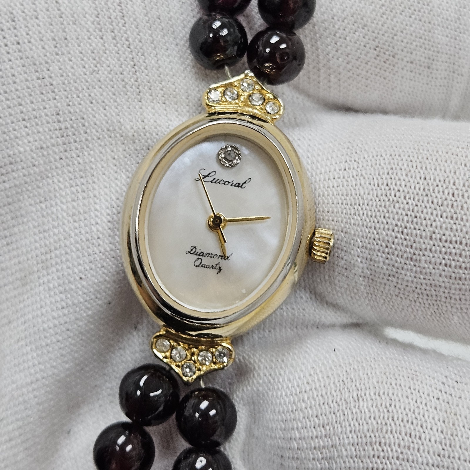 Lucoral Gold Tone Black Beaded Diamond Ladies Cocktail Dress Watch 7 3/4″ Wrist