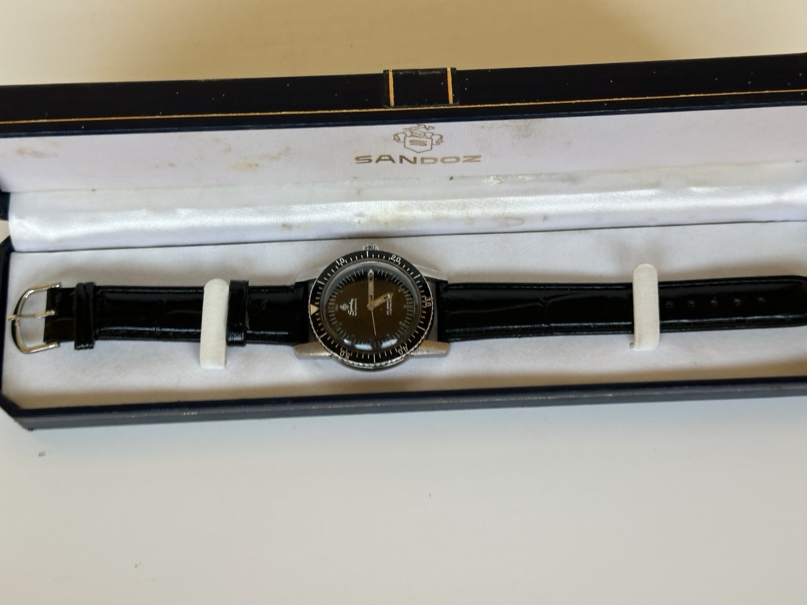 Rare Vintage Sandoz Automatic Skin Diver Watch 25 Jewels 37mm Boxed Black Date