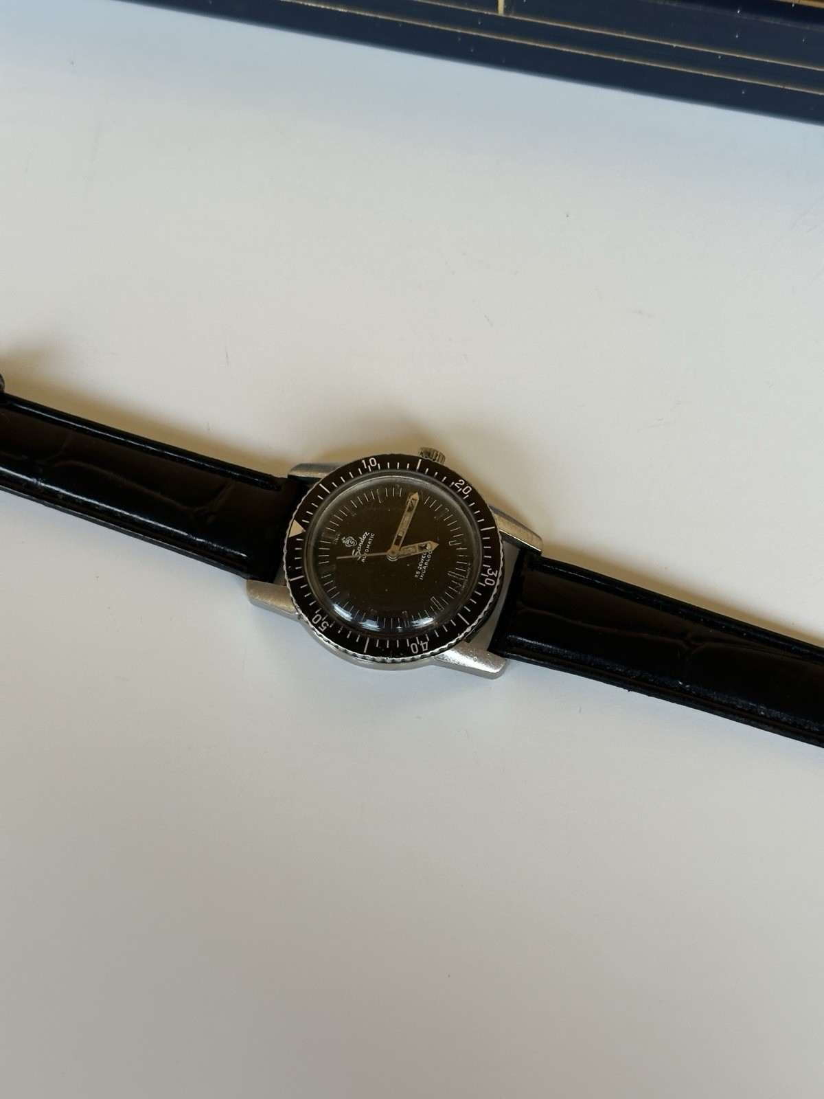 Rare Vintage Sandoz Automatic Skin Diver Watch 25 Jewels 37mm Boxed Black Date