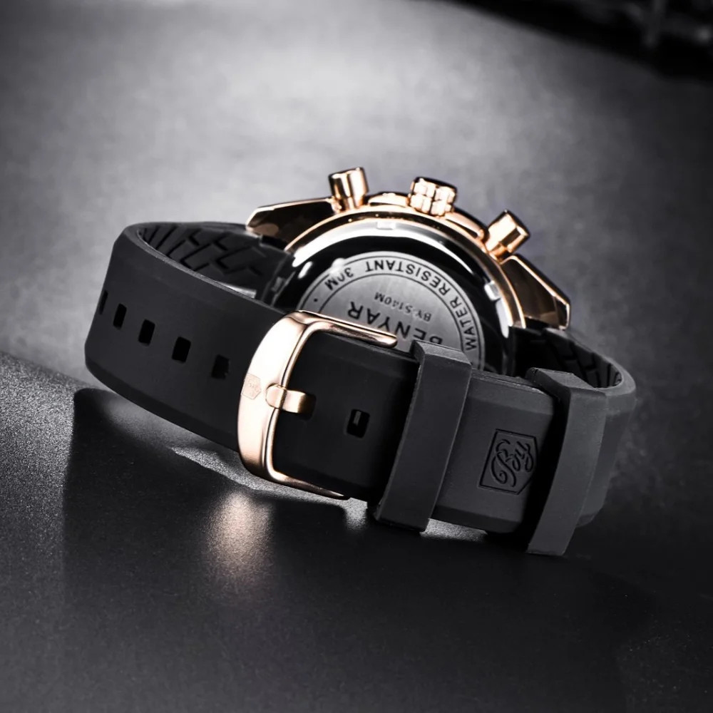 BENYAR BY-5140 Men’S Quartz Watch Alloy Case Silicone Strap Fashion Casual 3Bar