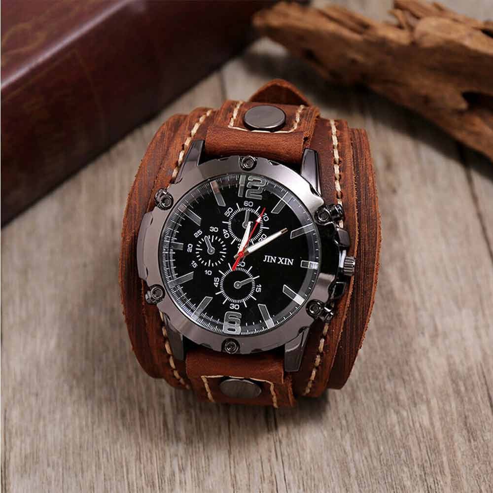 Military Retro PU Leather Strap Watch – Men’s Punk Quartz Cuff Wristwatch