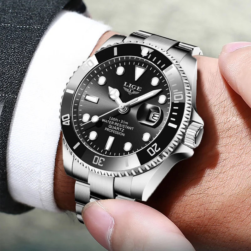 LIGE Business Men Watches Auto Date Quartz Watch Mens Stainless Steel Military M