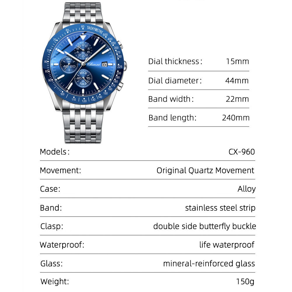CHENXI Men Watch Chronograph Wristwatch with Six-hands Luminous Calendar Watches