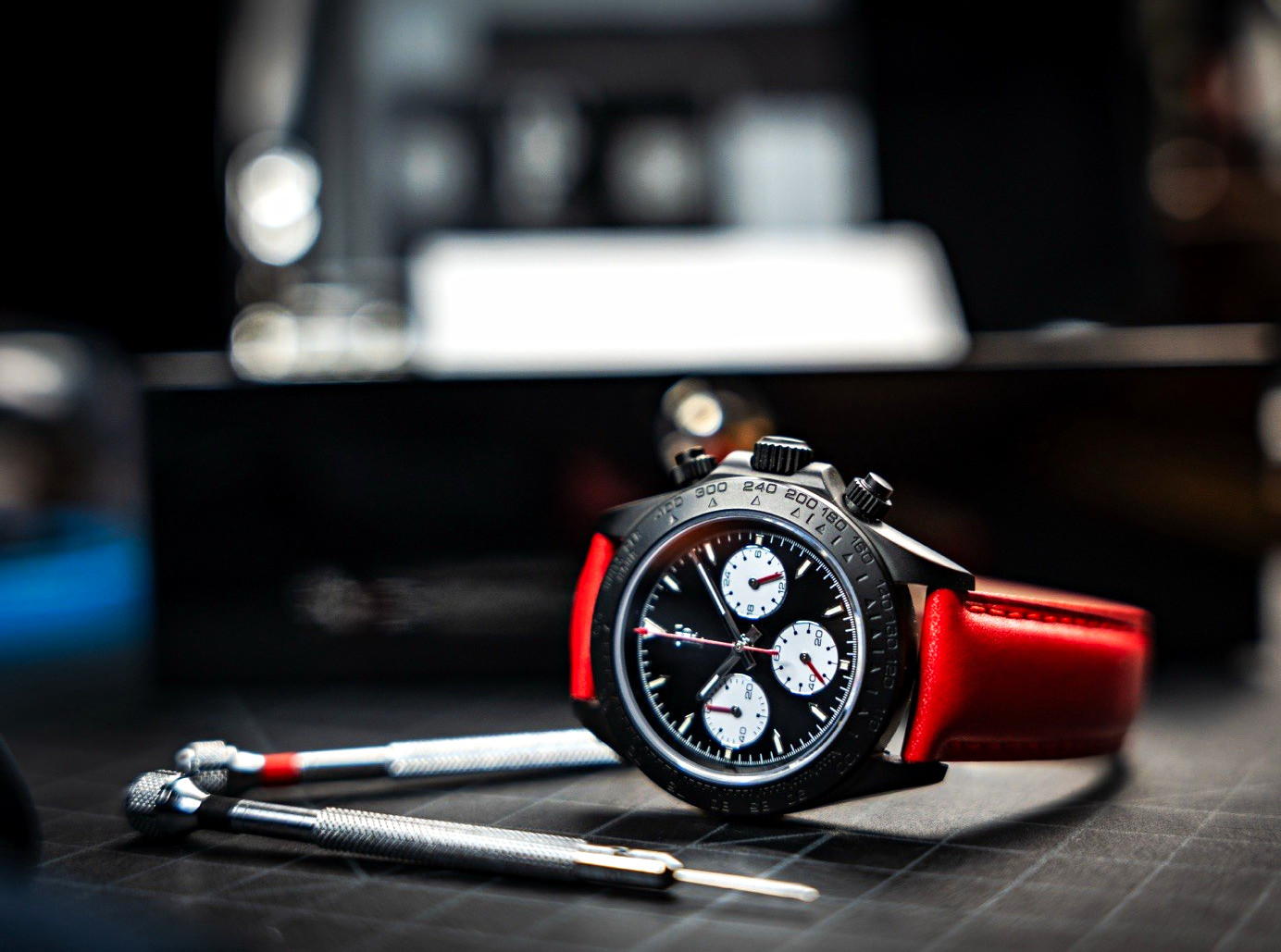Time Panda Precision Stealth VK63 Chronograph Black PVD Red Leather Full Kit