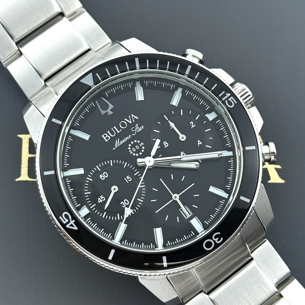 Bulova Men’s Marine Star Chronograph Quartz Black Dial Stainless Watch 96B272