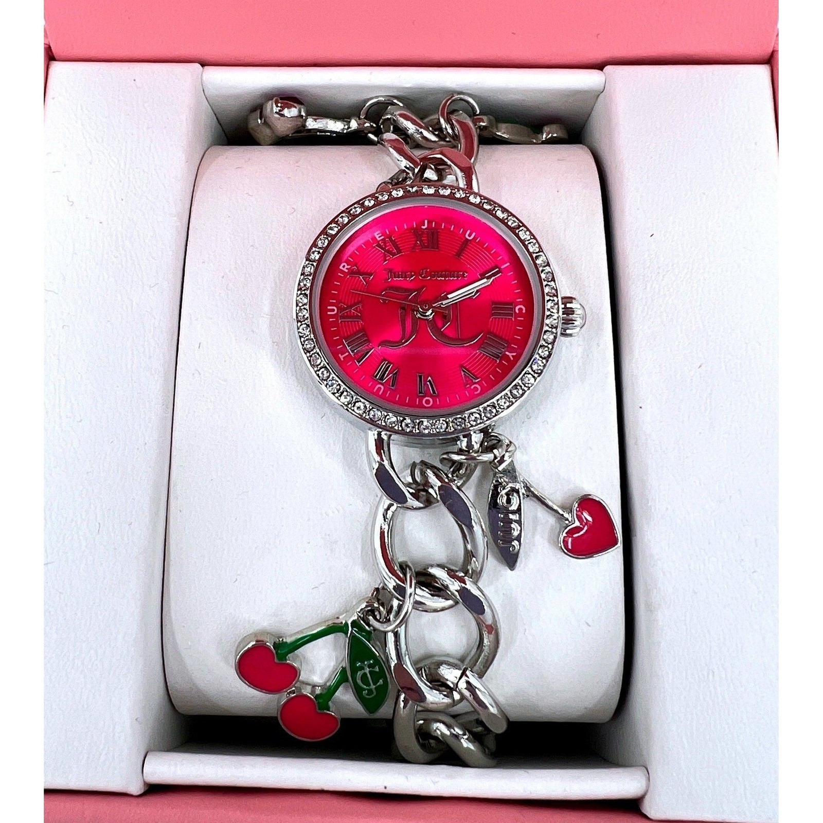 Juicy Couture Charm Bracelet Watch Pink Dial Rhinestone Cherry Heart Gift Box