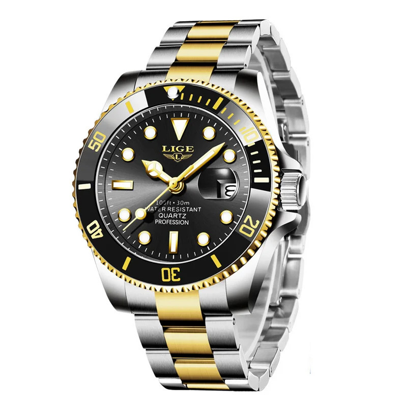 LIGE Business Men Watches Auto Date Quartz Watch Mens Stainless Steel Military M