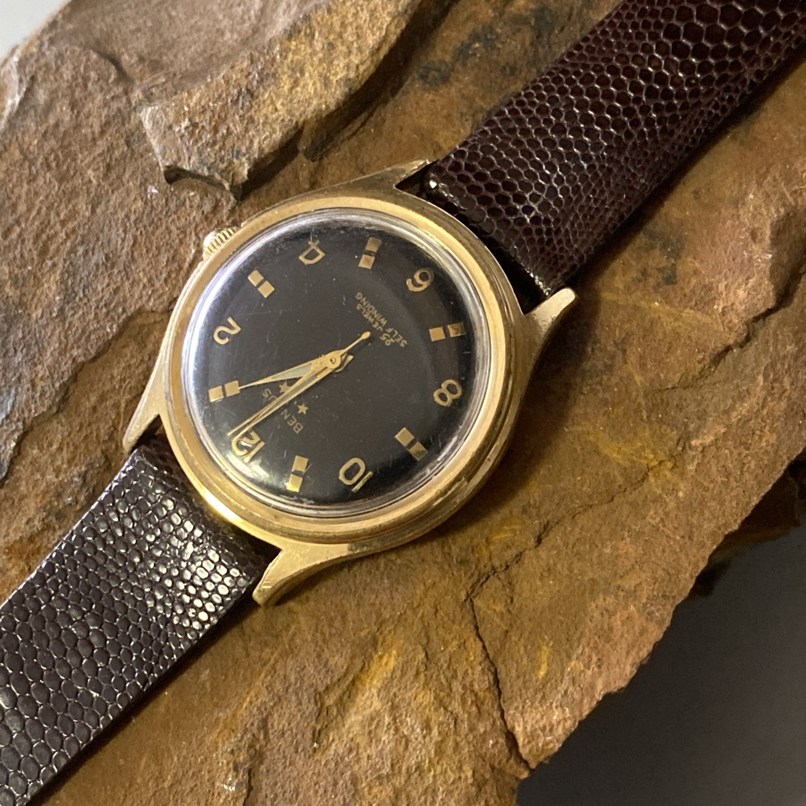 1960’s Men’s Benrus 3 Stars 25j FE255 Self Winding Watch Series 7845 Black Dial