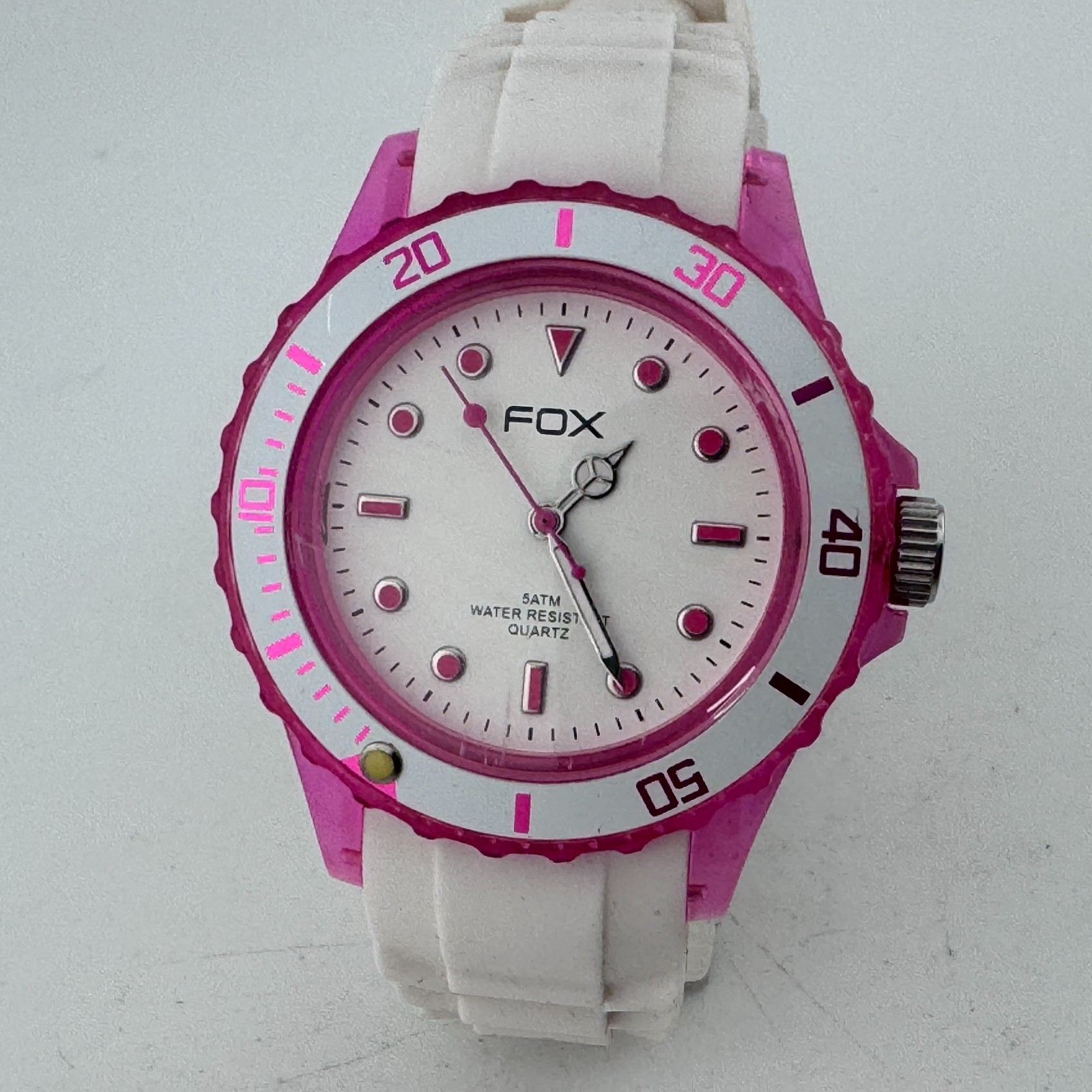Fox Quartz Watch Women 50m Pink White Plastic Rotating Bezel Rubber New Battery