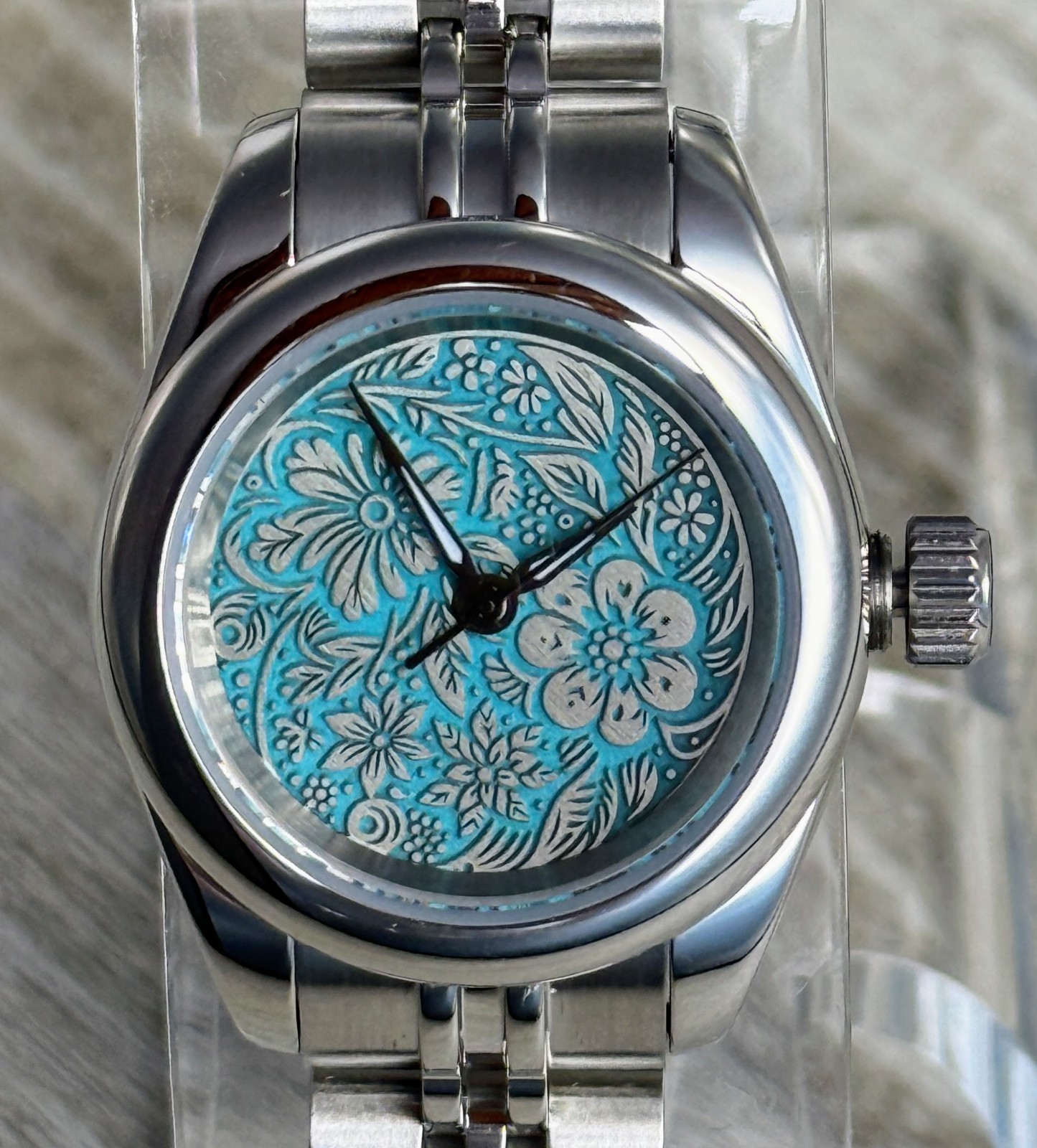 Small Case Automatic Watch, Turquoise Floral Engraved Dial, Stainless Steel